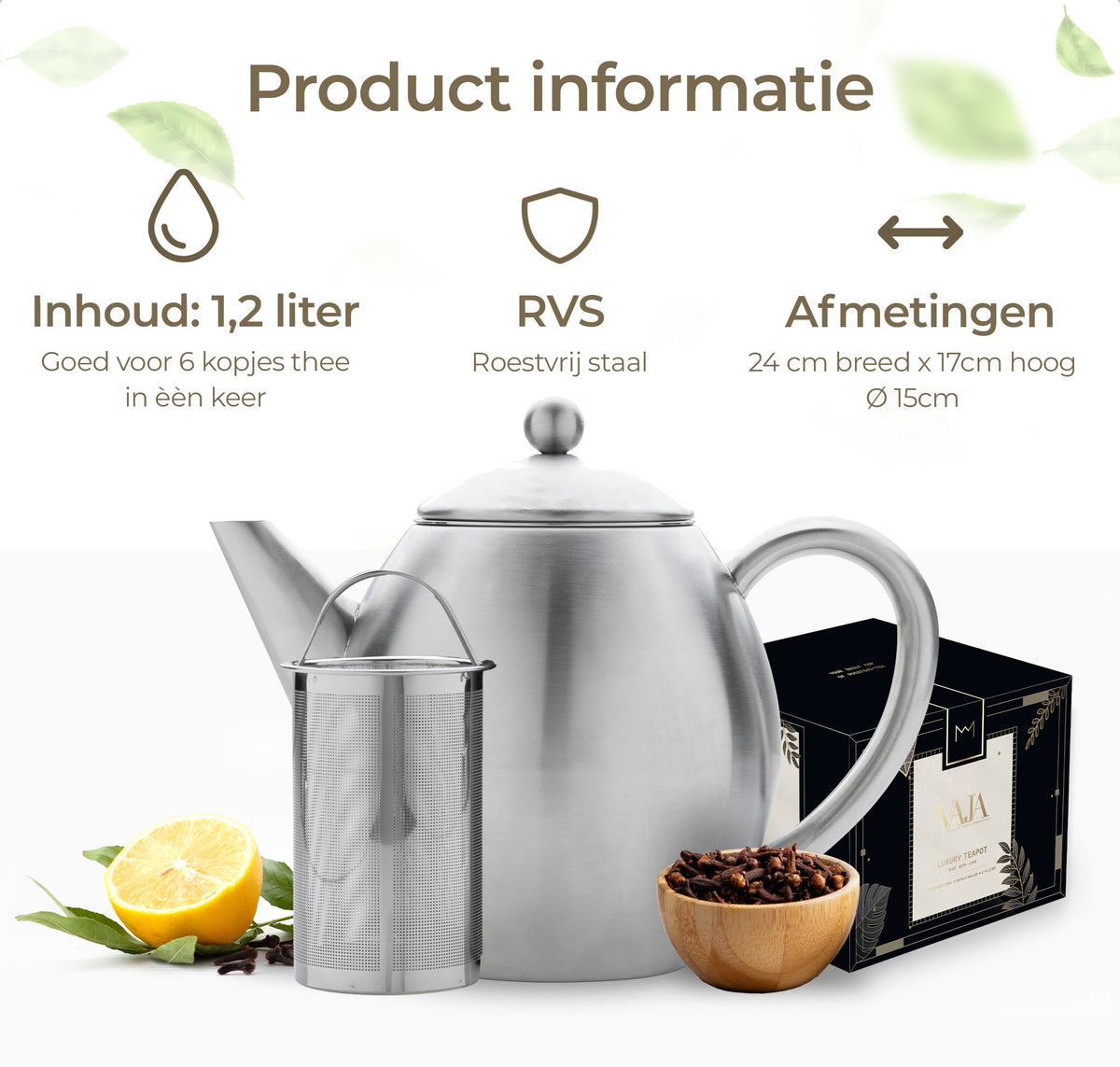 VAJA Valerie theepot RVS met filter voor losse thee