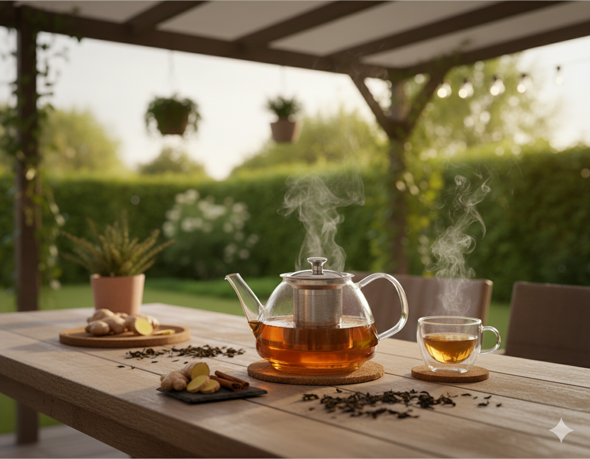 Tea set on a wooden table outdoors with a garden background